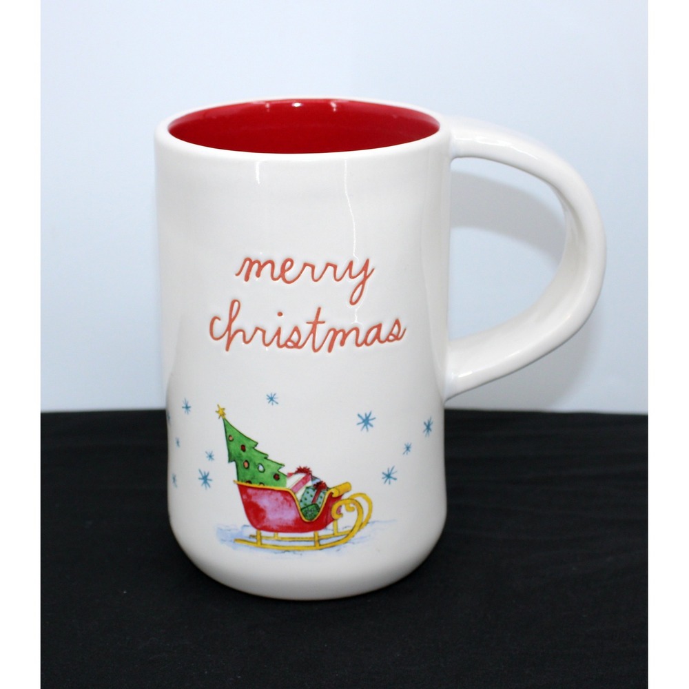 Rae Dunn Artisan Merry Christmas Sleigh Tree North Pole 22 oz Mug Red Interior